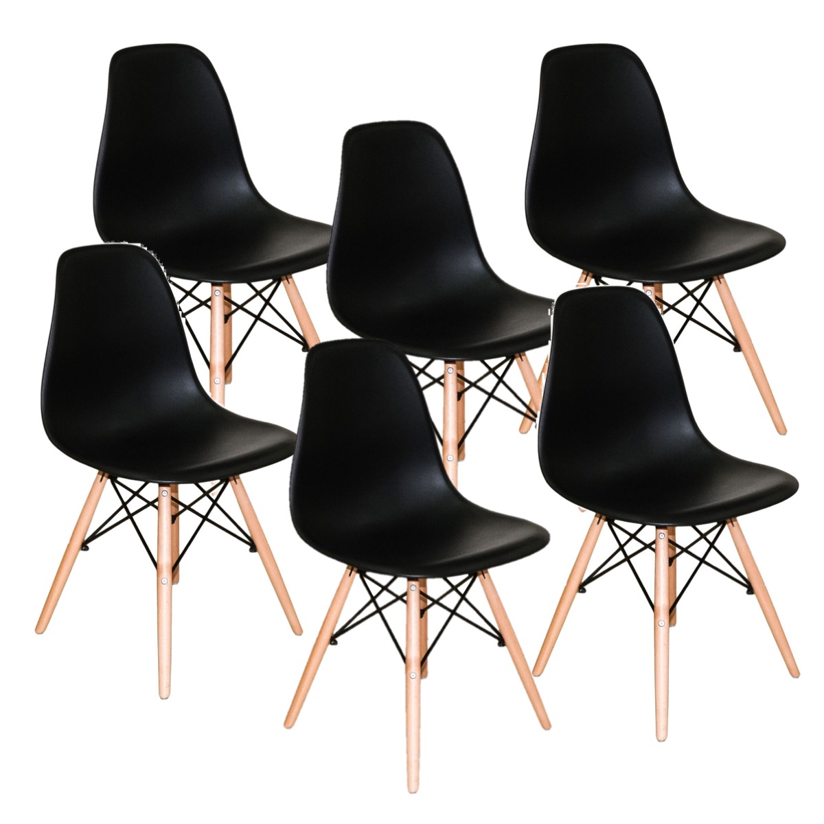 Kit c/ 6 Cadeiras DS331 Charles Eames Wood DKR Eiffel Pretas