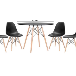 Conjunto de Mesa de Jantar Eames Eiffel Redonda 100cm Tampo de Madeira Preto com 4 Cadeiras Pretas