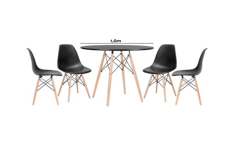 Conjunto de Mesa de Jantar Eames Eiffel Redonda 100cm Tampo de Madeira Preto com 4 Cadeiras Pretas