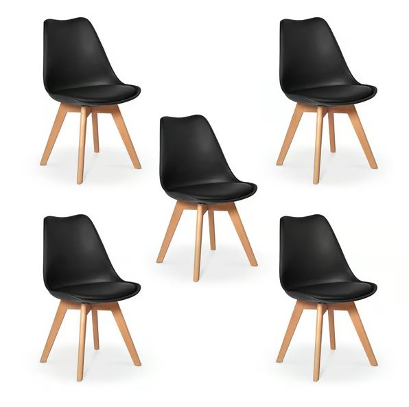 Kit c/ 5 Cadeiras DS333 Leda - Charles Eames, Saarinen Wood com almofada Pretas