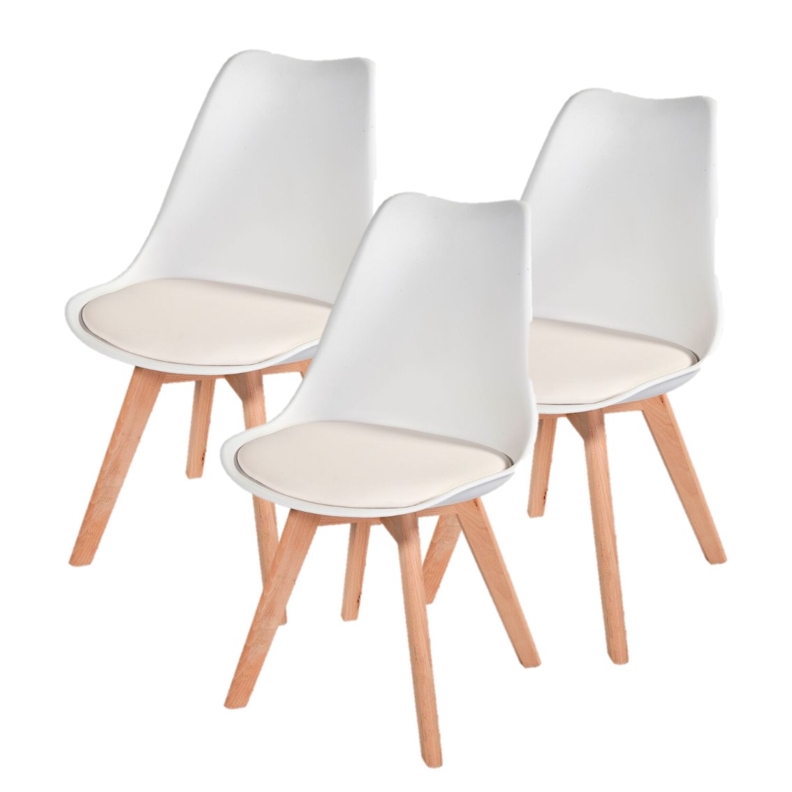 Kit c/3 cadeiras Leda – Charles Eames, Saarinen Wood com almofada Branca