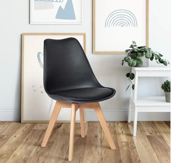 Kit c/ 5 Cadeiras DS333 Leda - Charles Eames, Saarinen Wood com almofada Pretas - Imagem 2