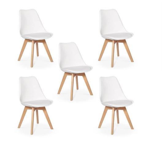 Kit c/5 cadeiras Leda – Charles Eames Saarinen Wood com almofada BRANCA