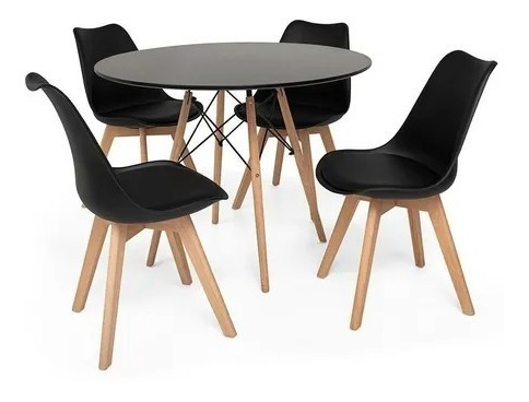 Kit Mesa Jantar Eiffel 80 Cm Preta + 04 Cadeiras Leda Preto