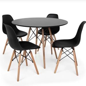 Conjunto de Mesa de Jantar Eames Eiffel Redonda 120cm Tampo de Madeira Preto com 4 Cadeiras Pretas