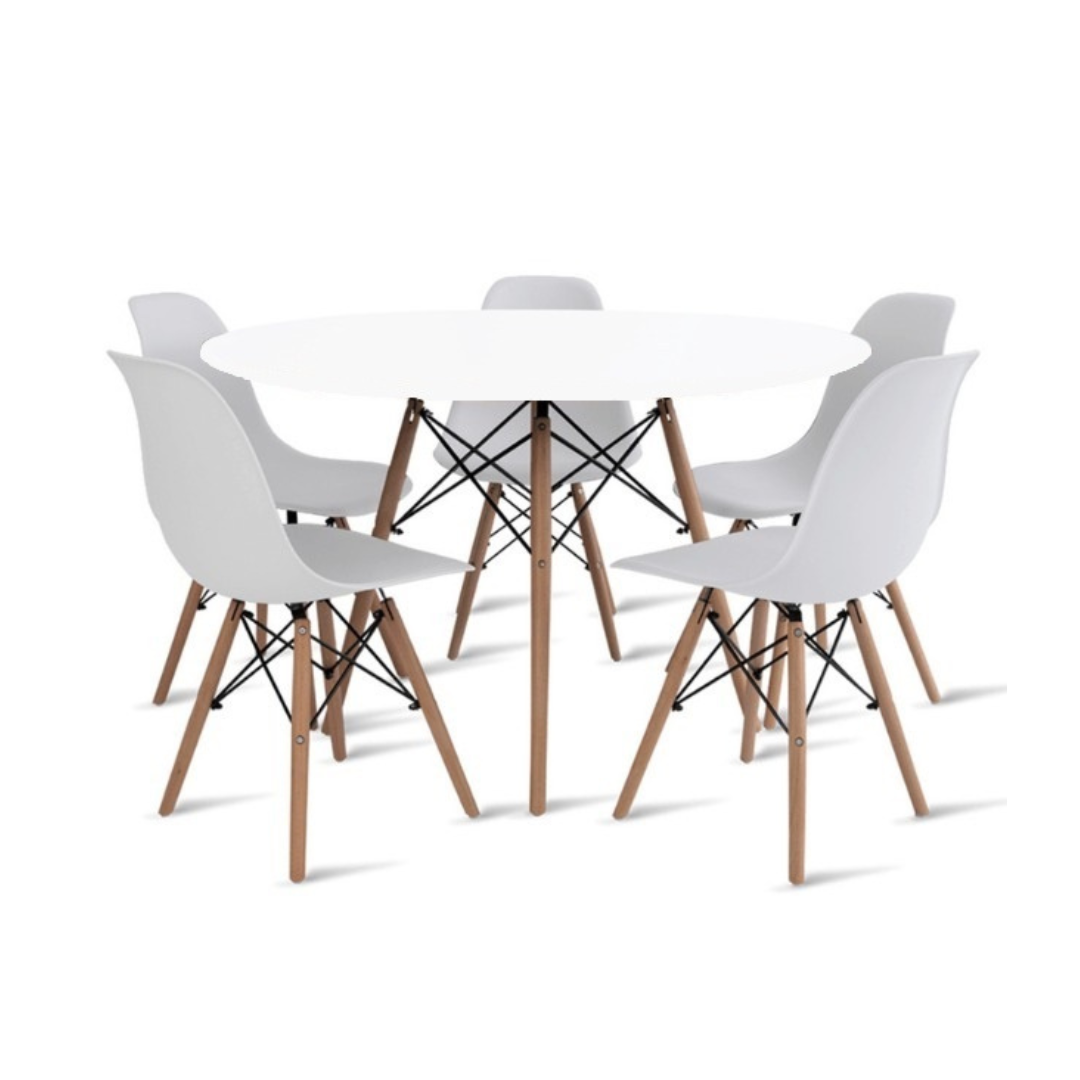 Conjunto de Mesa de Jantar Eames Eiffel Redonda 110cm Tampo de Madeira Branco com 5 Cadeiras Brancas