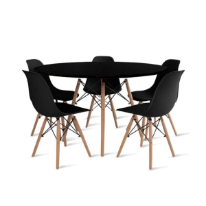 Conjunto de Mesa de Jantar Eames Eiffel Redonda 120cm Tampo de Madeira Preto com 5 Cadeiras Pretas