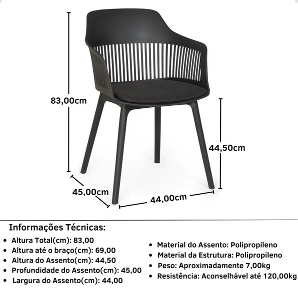 Kit c/ 2 Cadeiras DS410 Marcela Montreal Em Polipropileno Assento Estofado Pretas - Imagem 4