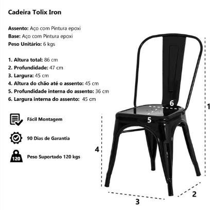Kit c/8 cadeiras DS315 Iron Tolix Francesinha Industrial - Preto Fosco - Imagem 3