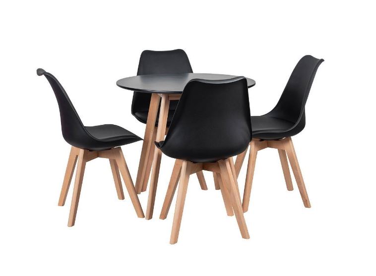 Conjunto de Jantar Mesa Leda 80cm Preta + 4 Cadeiras Leda com almofada Preta