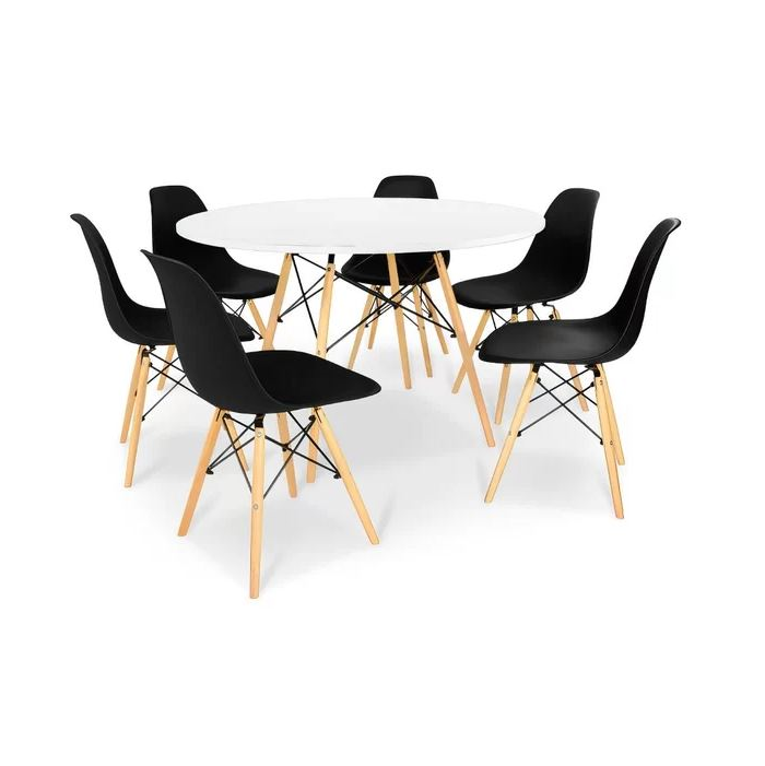 Conjunto Mesa Eiffel Redonda MDF 120cm Branca + 6 Cadeiras Eiffel DS331 Pretas