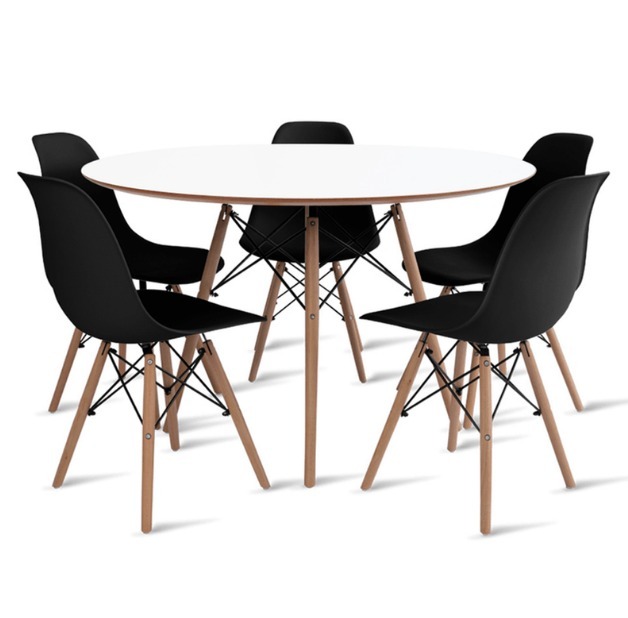 Conjunto Mesa Eiffel Redonda MDF 110cm Branca + 5 Cadeiras Eiffel DS331 Pretas