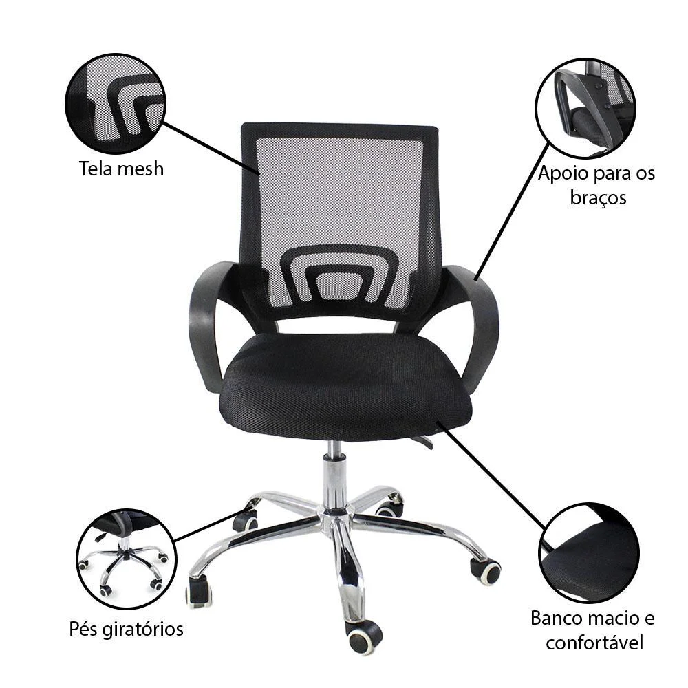 Kit c/ 6 Cadeiras De Escritório DS76 Mesh Diretor Giratoria New Java - Pretas - Imagem 2