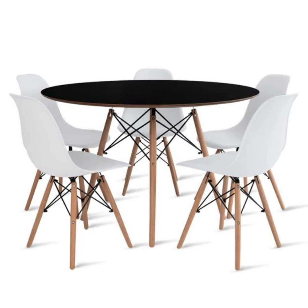 Conjunto Mesa Eiffel Redonda MDF 120cm Preta + 5 Cadeiras Eiffel DS331 Brancas