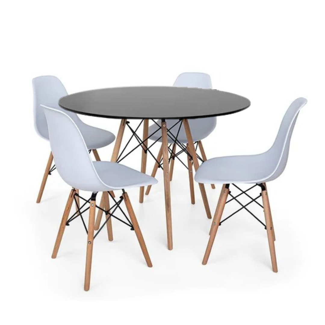Conjunto Mesa Eiffel Redonda MDF 110cm Preta + 4 Cadeiras Eiffel DS331 Brancas