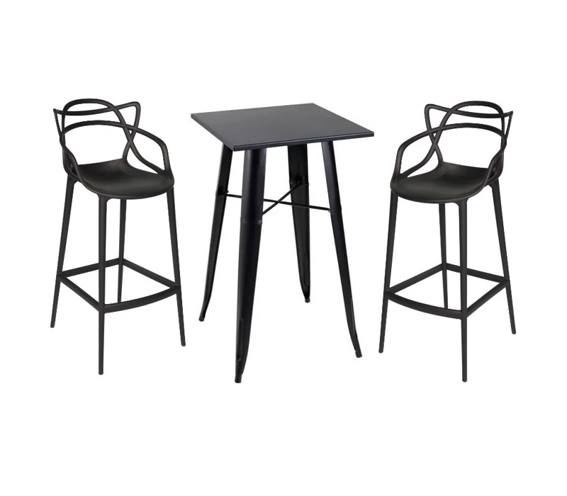 Kit Mesa Tolix Bistrô Bar + 2 Banquetas Allegra DS401 Altas Pretas