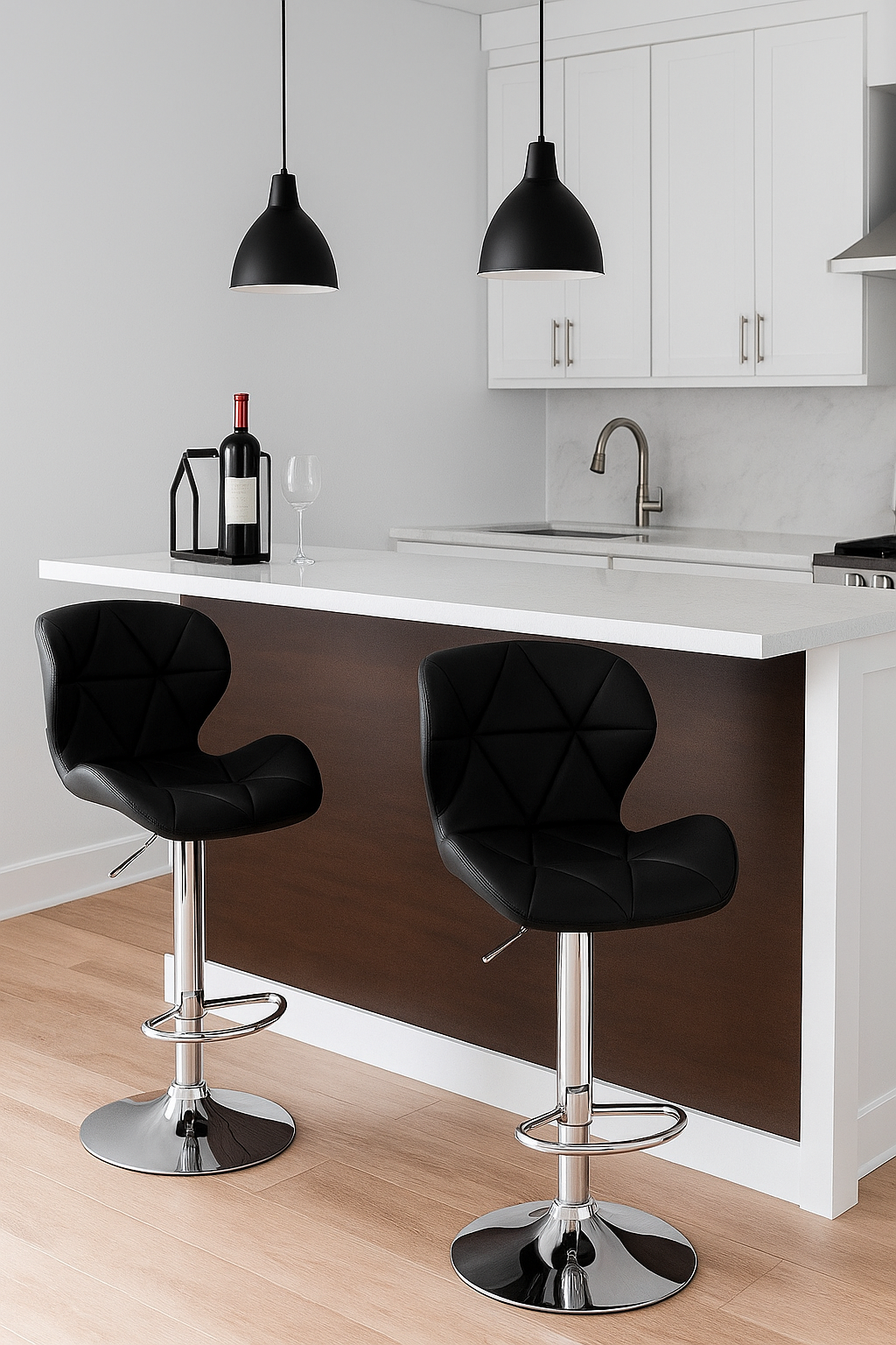 Kit com 2 Banquetas Slim Giratórias Estofadas Altas em PU Preto com Base Cromada e Regulagem de Altura – Design Moderno e Confortável - Imagem 2