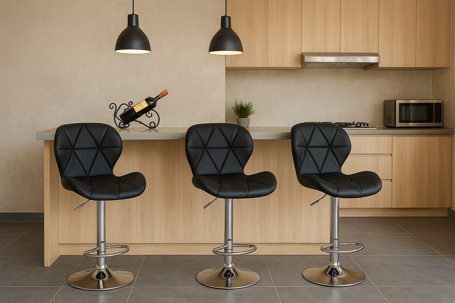 Kit com 3 Banquetas Slim Giratórias Altas Estofadas em PU Preto com Base Cromada e Regulagem de Altura – Design Moderno - Imagem 2