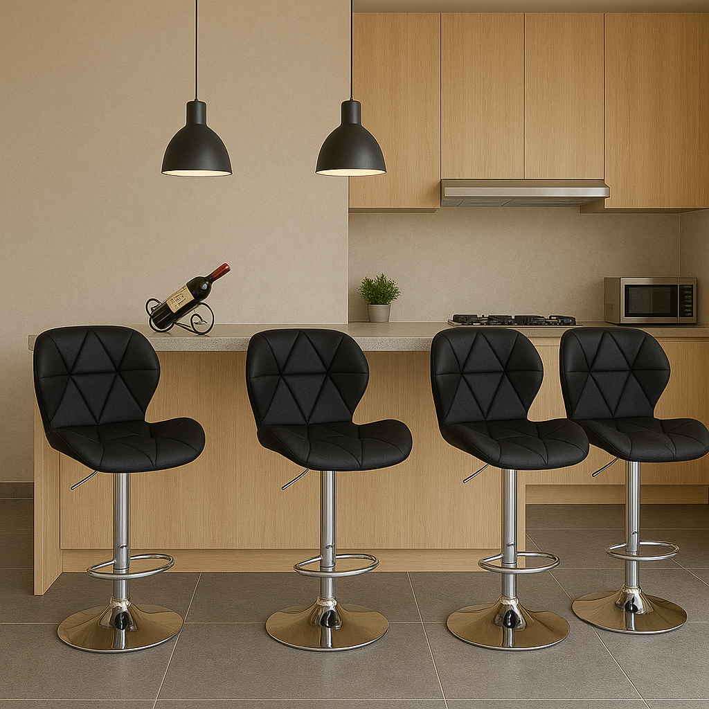 Kit com 4 Banquetas Giratórias Altas Estofadas Slim Pretas com Base Cromada e Regulagem de Altura – Design Moderno - Imagem 2
