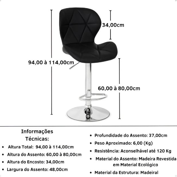 Kit com 2 Banquetas Slim Giratórias Estofadas Altas em PU Preto com Base Cromada e Regulagem de Altura – Design Moderno e Confortável - Imagem 6
