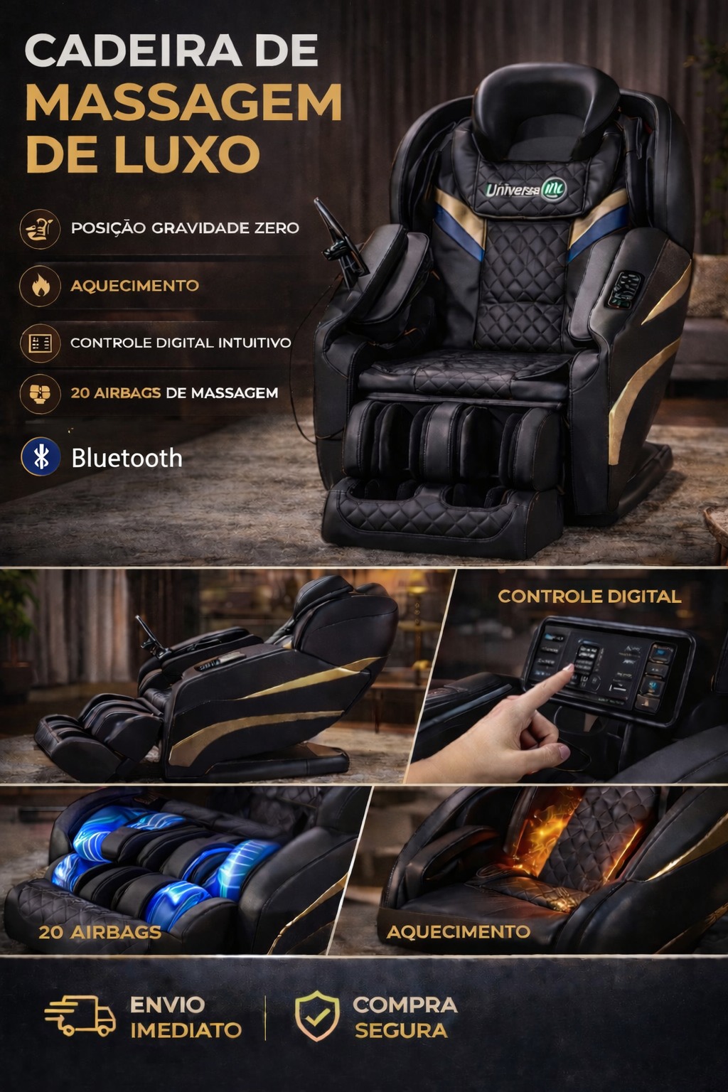 Poltrona de Massagem Relax Gravidade Zero Luxuosa , Preto - Imagem 12
