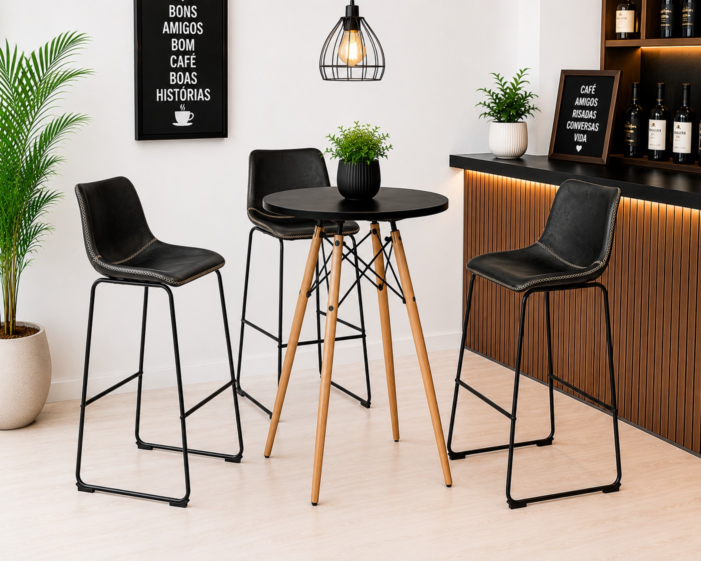 Banqueta Munich Estofada Preta com Encosto 74cm Base Metálica - Imagem 4