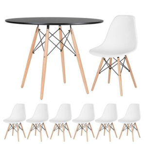 Conjunto Mesa Eiffel Redonda MDF 120cm Preta + 6 Cadeiras Eiffel DS331 Brancas