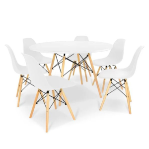 Conjunto Mesa Eiffel Redonda MDF 110cm Branca + 6 Cadeiras Eiffel DS331 Brancas
